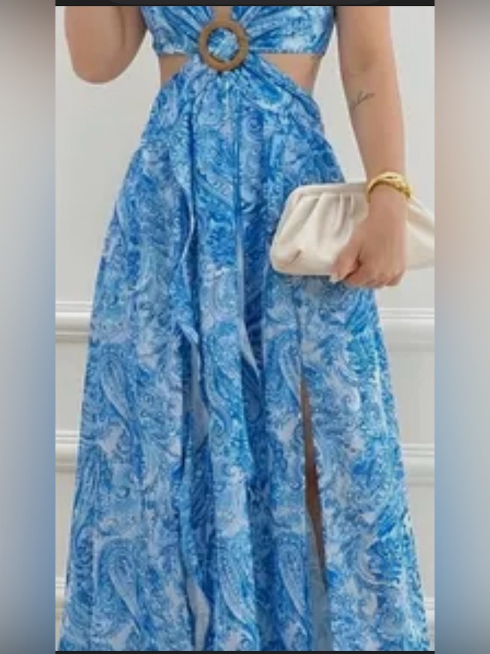 Blue Paisley Maxi Sun Dress with Cut Out Waist and Center Gathered Detail